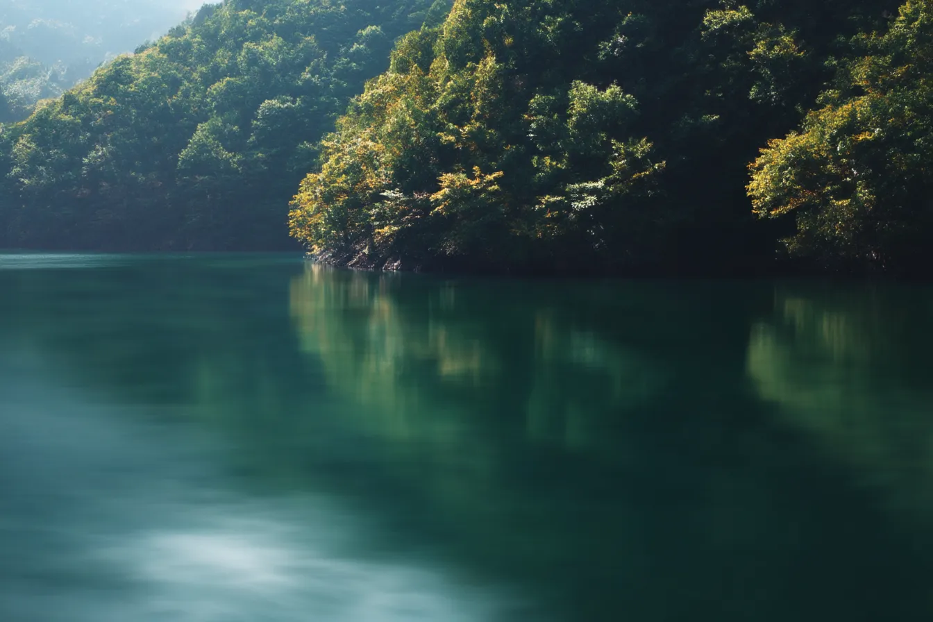 緑背景と湖面に映る森影｜静かな湖面に映り込む森の稜線が美しく、緑背景の中に自然の奥深さと静けさを感じさせる構成となっています。