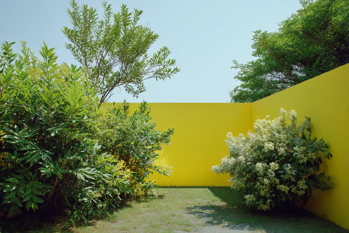 黄緑背景の庭と黄色い壁｜鮮やかな黄緑の植物と黄色の壁の対比が印象的な自然風景の背景素材です。明るくモダンな印象で、黄緑背景が爽やかな夏の光を感じさせます。