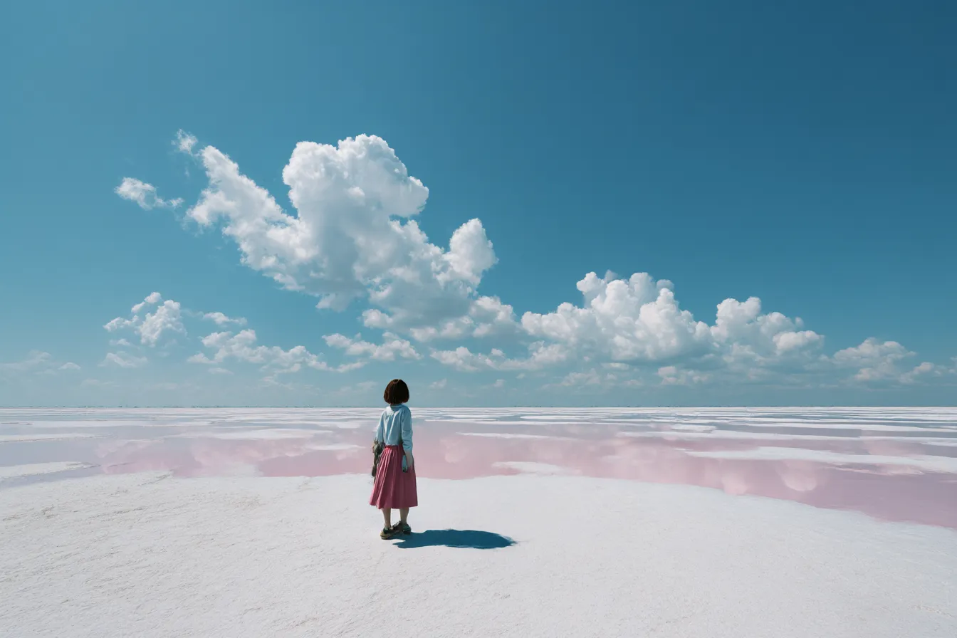白の背景にたたずむ少女の背中｜ピンクの湖面と広がる青空が印象的な構成。空間の広がりと光のコントラストが際立ち、白の背景が静寂と夢想的な世界観を醸し出す。