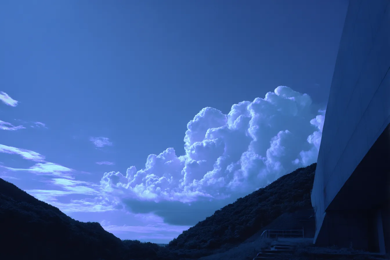 青い空と雲の背景｜「青」の空が広がり、雲が印象的に浮かぶ風景。山々と建物が遠くに見え、自然と人工物の調和が感じられる景色です。この背景は開放感と神秘的な雰囲気を与え、空間に深みを加えます。