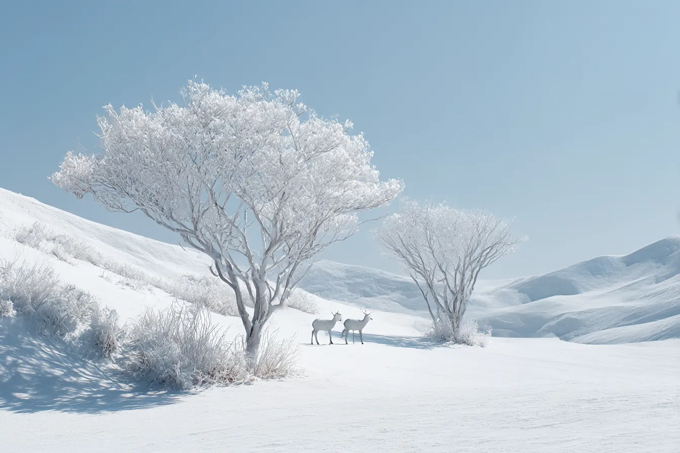 白の背景に映える雪原と鹿｜繊細な霧氷と遠くに佇む鹿が静かな物語を感じさせる構図。淡いブルートーンと白の背景が幻想的な冬の情景を優しく引き立てる。