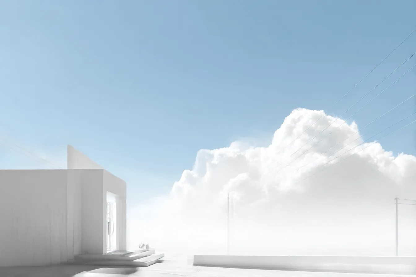 白の背景に浮かぶ家と雲海｜直線的な建築物とふんわりした雲が共存する印象的な画面。透明感ある光使いと白の背景が未来的で清らかな印象を与える。
