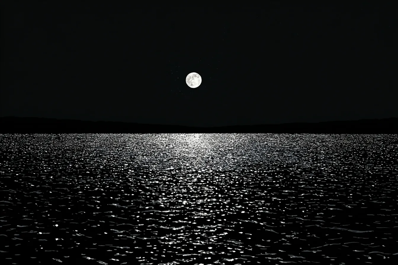 ドット模様の月夜と海の背景｜夜空に輝く満月と、ドット模様が反射する静かな海の風景。海面に映る月の光がドットのように輝き、幻想的な雰囲気を作り出します。背景の暗闇と光の対比が心に残る静けさを感じさせます。