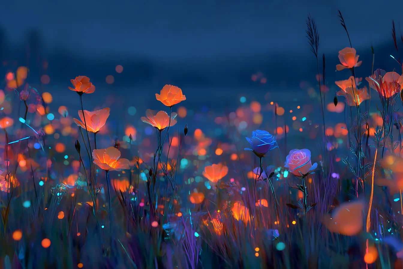 ネオンが煌めく幻想的な花畑背景｜色とりどりの「ネオン」ライトが花々を包み込む幻想的な風景。花の色が光り輝き、柔らかな光の粒が夜の空間に幻想的な美しさを加える。視覚的に魅力的な背景として、幻想的なシーンや空間にぴったりの素材です。