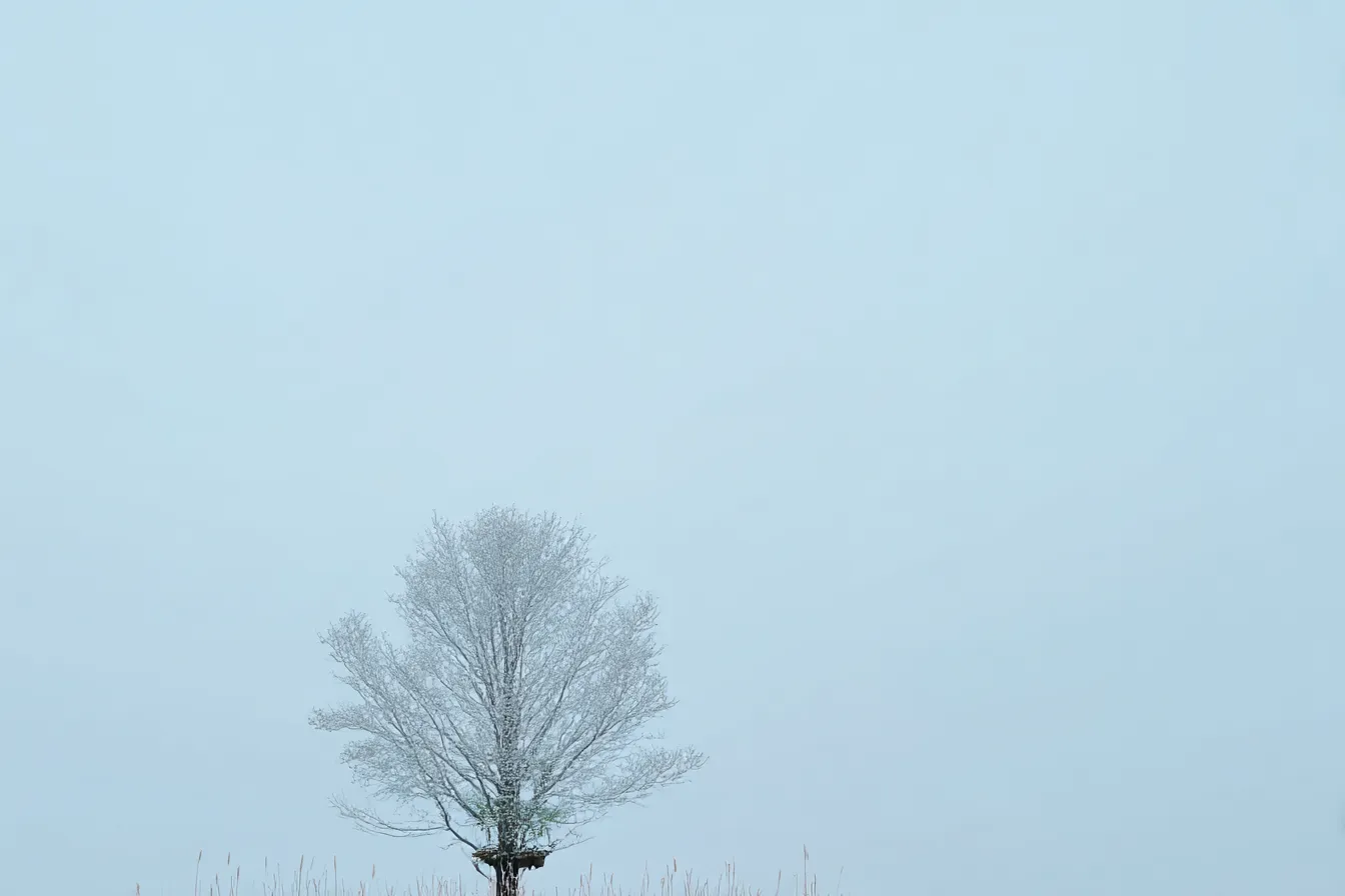 白の背景に立つ一本の木｜霧に包まれた空と一本の木がミニマルな構成で描かれた風景。無駄を削いだ画面構成の中で、白の背景が孤独と静けさを強調する。