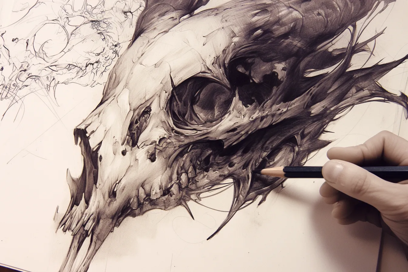 ドラゴンの頭骨の鉛筆の絵｜シャープな陰影と鋭い線が印象的な鉛筆の絵です。幻想的で迫力のある表現が強調され、広告やゲーム関連のビジュアル素材として力強い印象を与えるシーンに適しています。