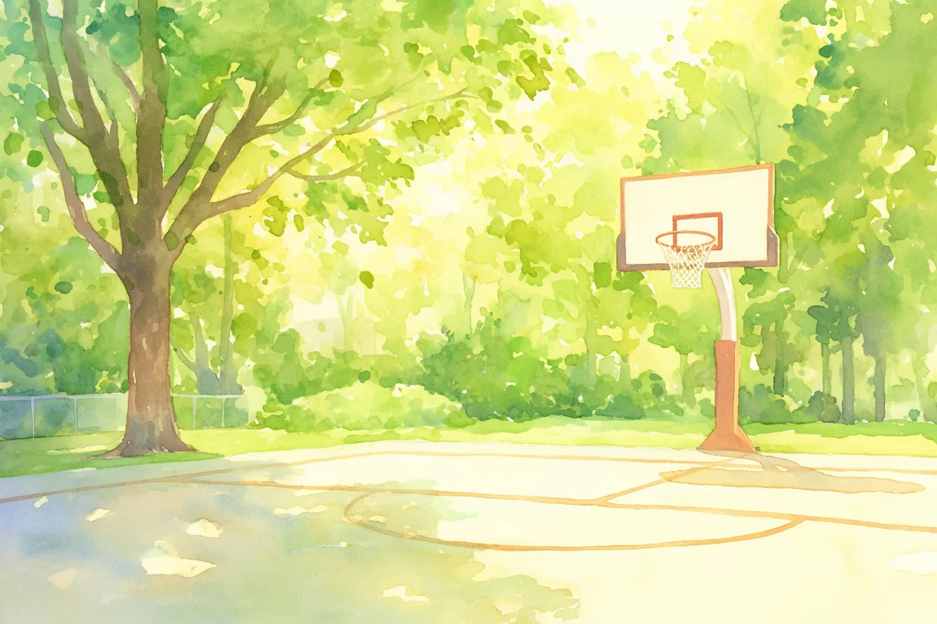 バスケの絵 緑に囲まれたコート風景｜水彩タッチで描かれた緑豊かな屋外コートのバスケの絵。自然とスポーツの調和を感じさせ、爽やかな雰囲気のビジネス素材に適した仕上がりです。