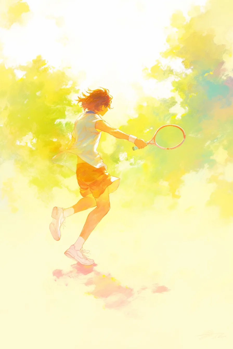 テニスの絵 太陽に包まれる選手｜鮮やかな光と色彩で描かれた選手がラケットを振るテニスの絵。動きの瞬間を柔らかく表現し、活力や爽快感を伝えるビジネス素材に最適です。
