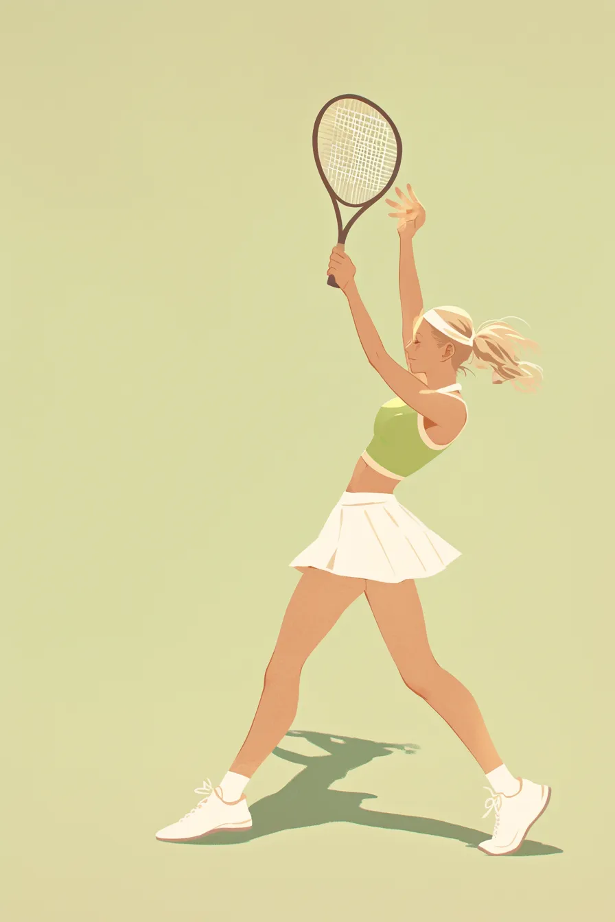 テニスの絵 サーブを構える女性選手｜シンプルな背景に立つ女性選手がサーブを打つ姿を描いたテニスの絵。モダンで洗練された印象があり、企業資料に使いやすいデザインです。