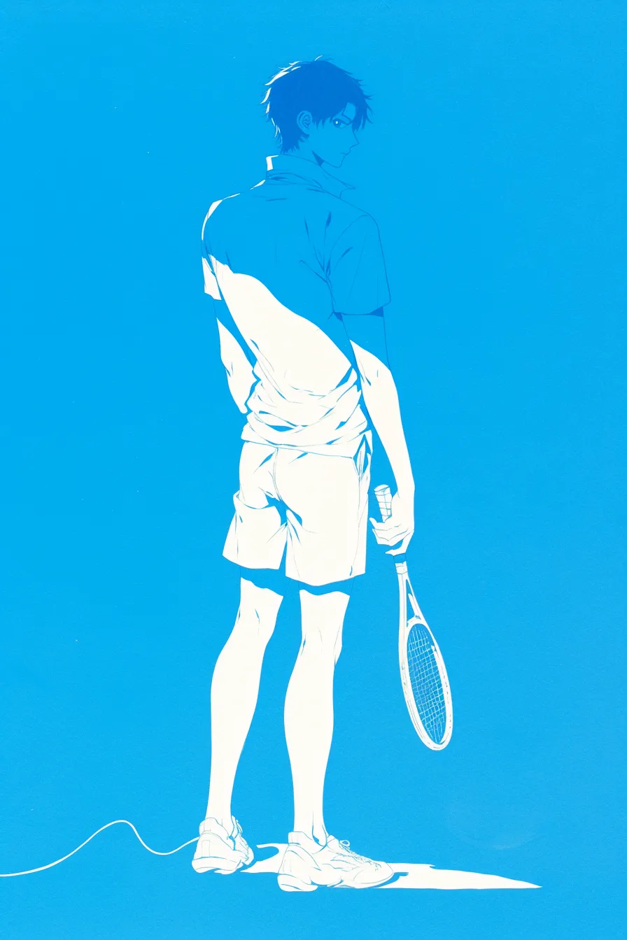 テニスの絵 青背景の男性選手の後姿｜強いコントラストで表現された青を基調とする男性選手のテニスの絵。スタイリッシュな印象が強く、広告やポスターに映えるビジュアルです。