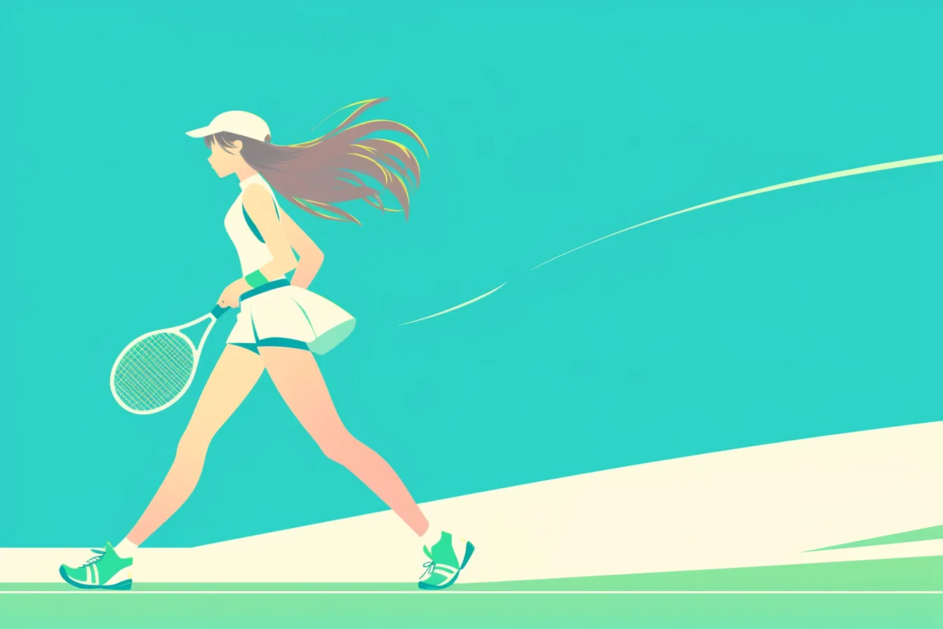テニスの絵 歩く女性選手のシルエット｜流れるような線で描かれた女性選手がコートを歩くテニスの絵。爽やかで軽快な雰囲気があり、ブランドイメージに適した素材です。