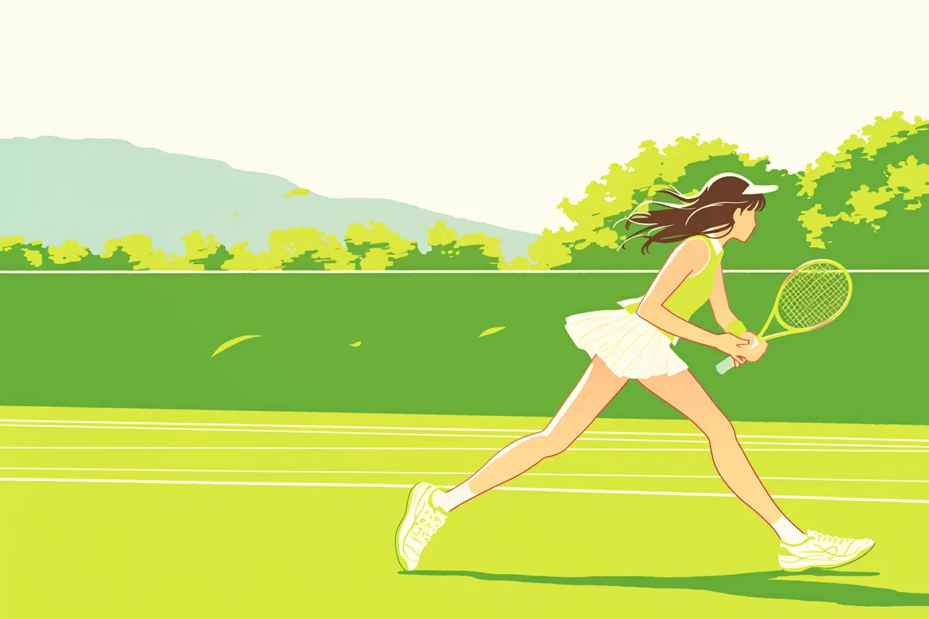 テニスの絵 コートを走る女性選手｜明るい緑を基調に女性選手がラケットを握り走る姿を描いたテニスの絵。活発で健康的な印象を与え、広報や販促に使いやすい構図です。