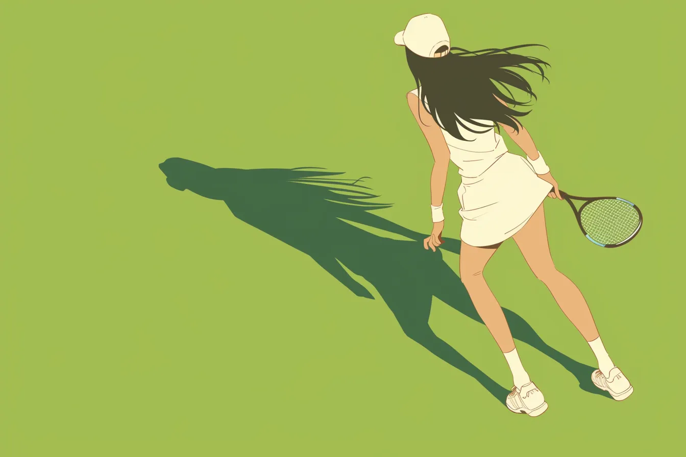 テニスの絵 影が際立つ女性選手｜強い日差しの下で女性選手と影を強調して描かれたテニスの絵。シンプルで印象的な表現が特徴で、ビジネス資料に映えるスタイルです。