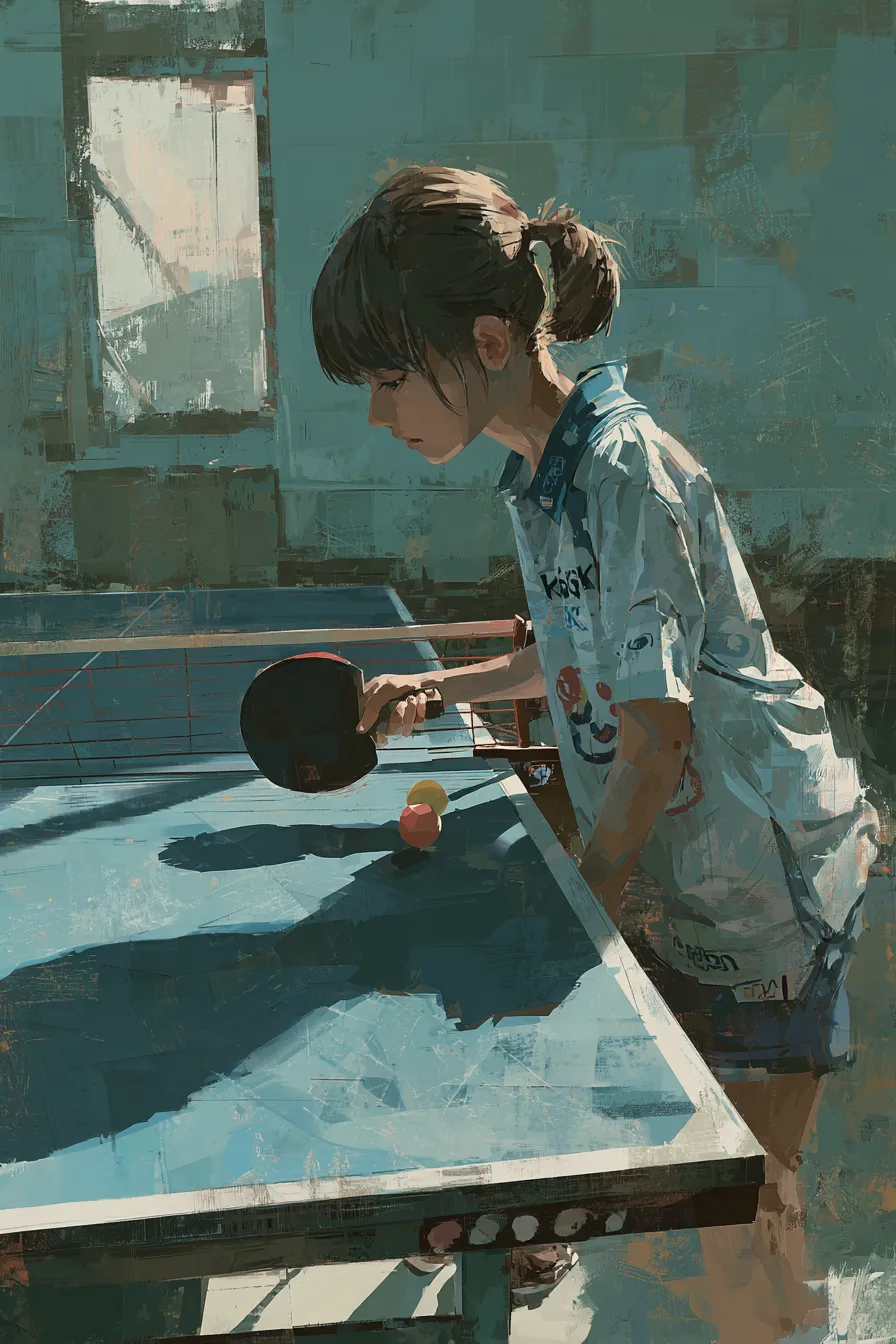 卓球の絵 集中する少女選手｜厚塗りの質感で描かれた少女が真剣に構える卓球の絵。光と影のコントラストが印象的で、努力や集中力を表現するビジネス素材に適しています。
