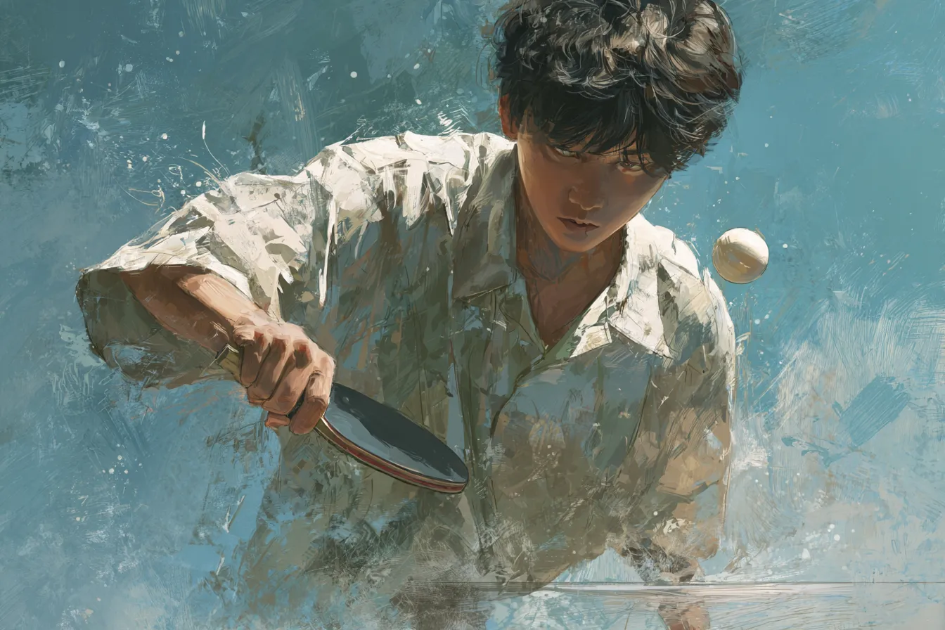 卓球の絵 強い眼差しの男性選手｜鮮やかな青背景に力強い視線を向ける男性選手を描いた卓球の絵。緊張感と迫力を兼ね備え、競争や挑戦をテーマとした素材に最適です。