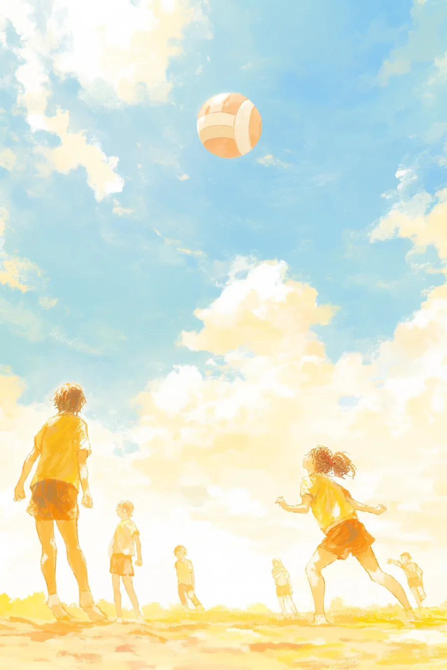 バレーの絵 青空の下で構える選手たち｜明るい青空と雲を背景に選手たちがボールを追うバレーの絵。爽快感あふれる色彩がチームワークや活力を強調する素材として適しています。