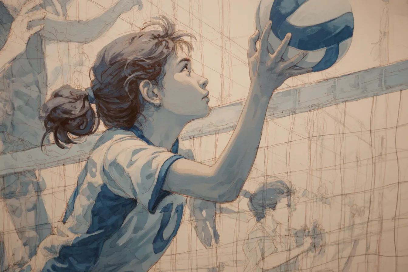 バレーの絵 トスを上げる少女選手｜青を基調に描かれた少女がトスを上げる瞬間のバレーの絵。繊細な線と淡い彩色が希望や成長を象徴し、ポスターや啓発資料に効果的です。