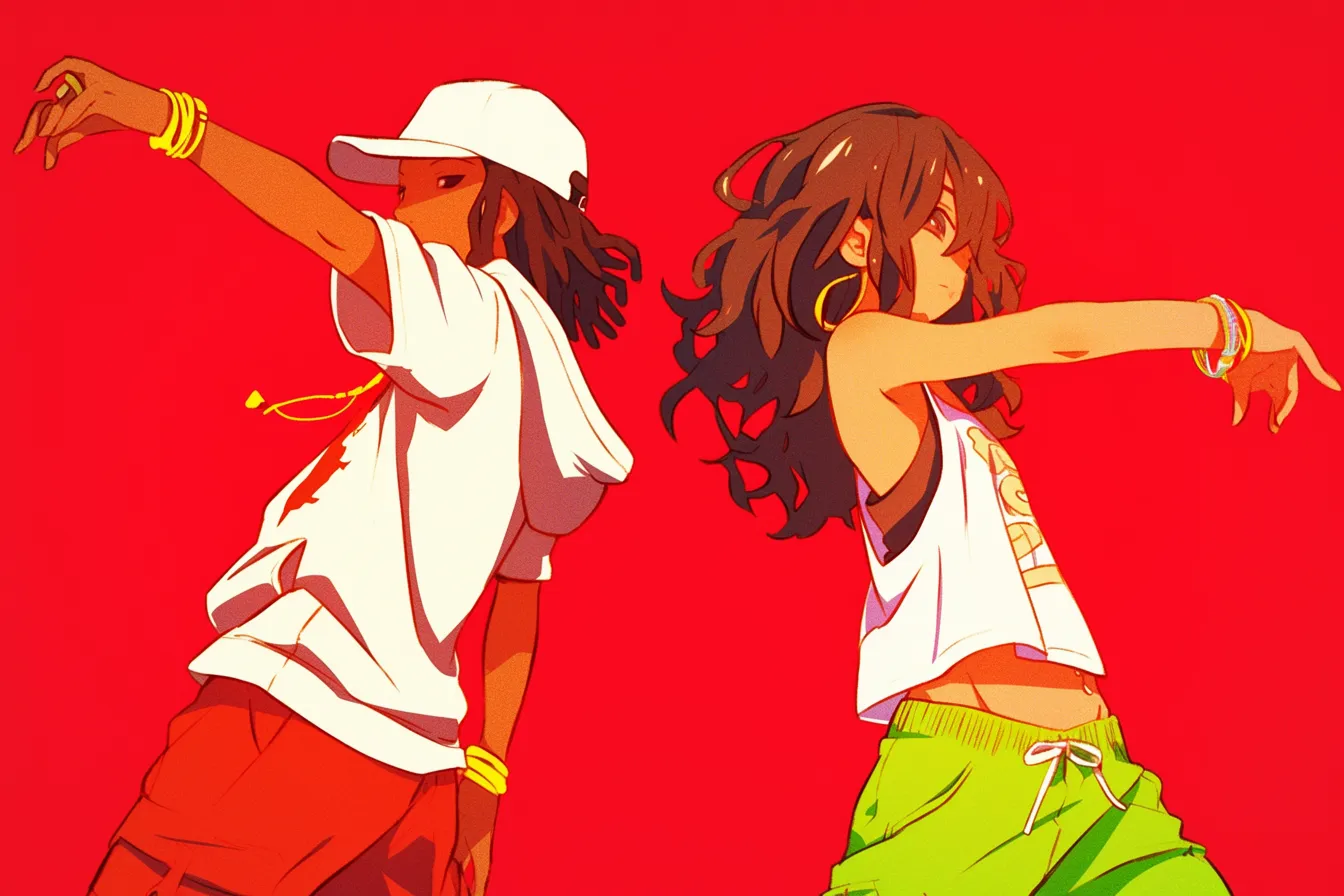 ダンスの絵 二人のストリートダンサー｜赤を基調とした背景に二人の若者がリズムに乗るダンスの絵。鮮やかなコントラストが躍動感を演出し、広告やイベント資料に活用しやすい表現です。