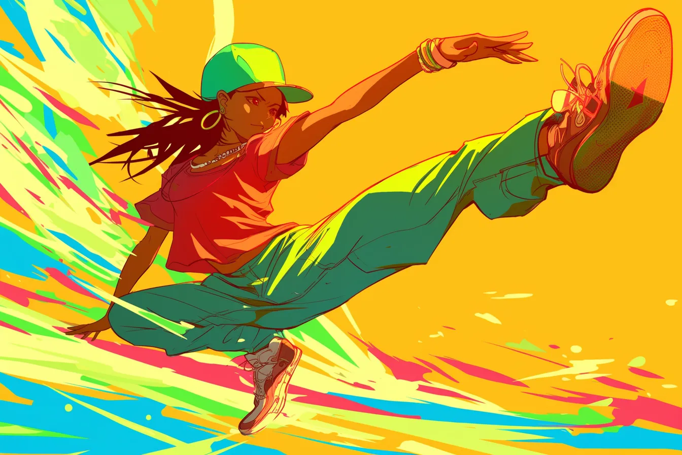 ダンスの絵 ダイナミックな女性ダンサー｜鮮烈な色彩の軌跡とともに女性が高く跳ぶ瞬間を描いたダンスの絵。モダンでエネルギッシュな雰囲気がブランドの活力を伝える素材に最適です。