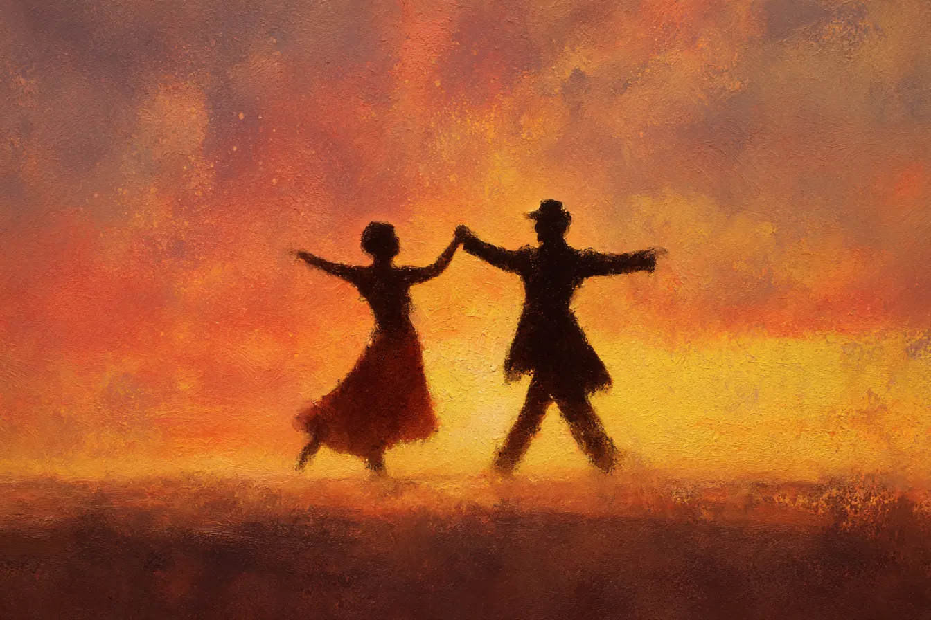 ダンスの絵 シルエットのカップルダンス｜夕焼けを背景に男女がシルエットで描かれたダンスの絵。幻想的でロマンチックな表現が感情や物語性を高めるビジネス資料に適しています。