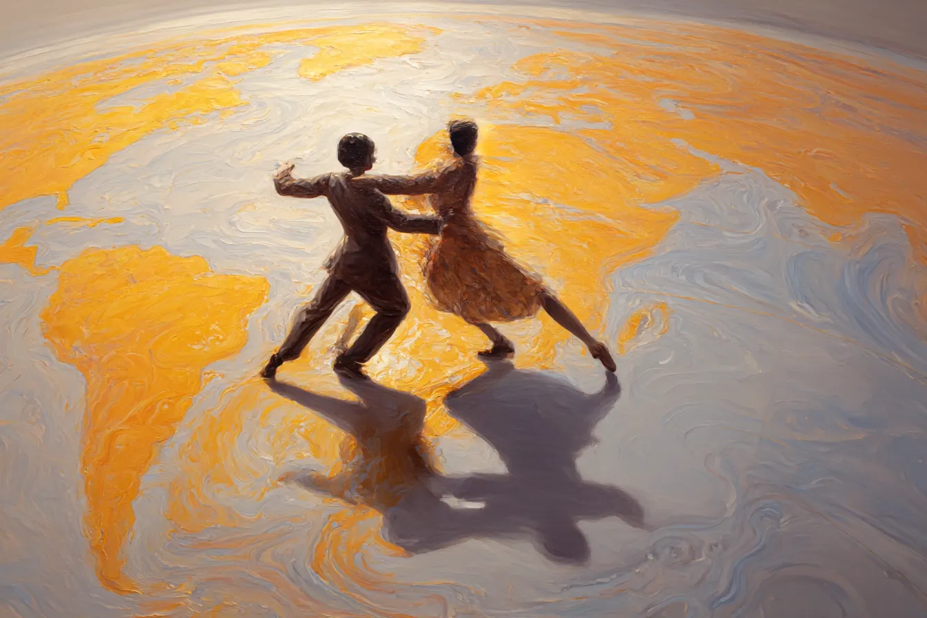 ダンスの絵 世界を背景に踊る二人｜地球をモチーフにした背景で踊るカップルを描いたダンスの絵。国際的なイメージを喚起し、グローバルな活動を表現する素材として有効です。