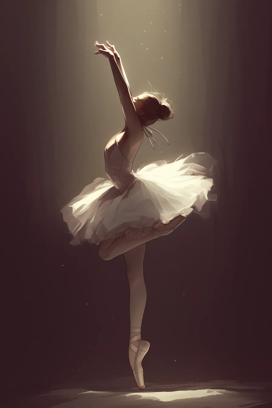 バレエの絵 光に包まれる踊り子｜舞台のスポットライトを浴びるバレリーナを描いたバレエの絵。優雅なポーズと柔らかな陰影が気品を表現し、高級感ある資料に適しています。