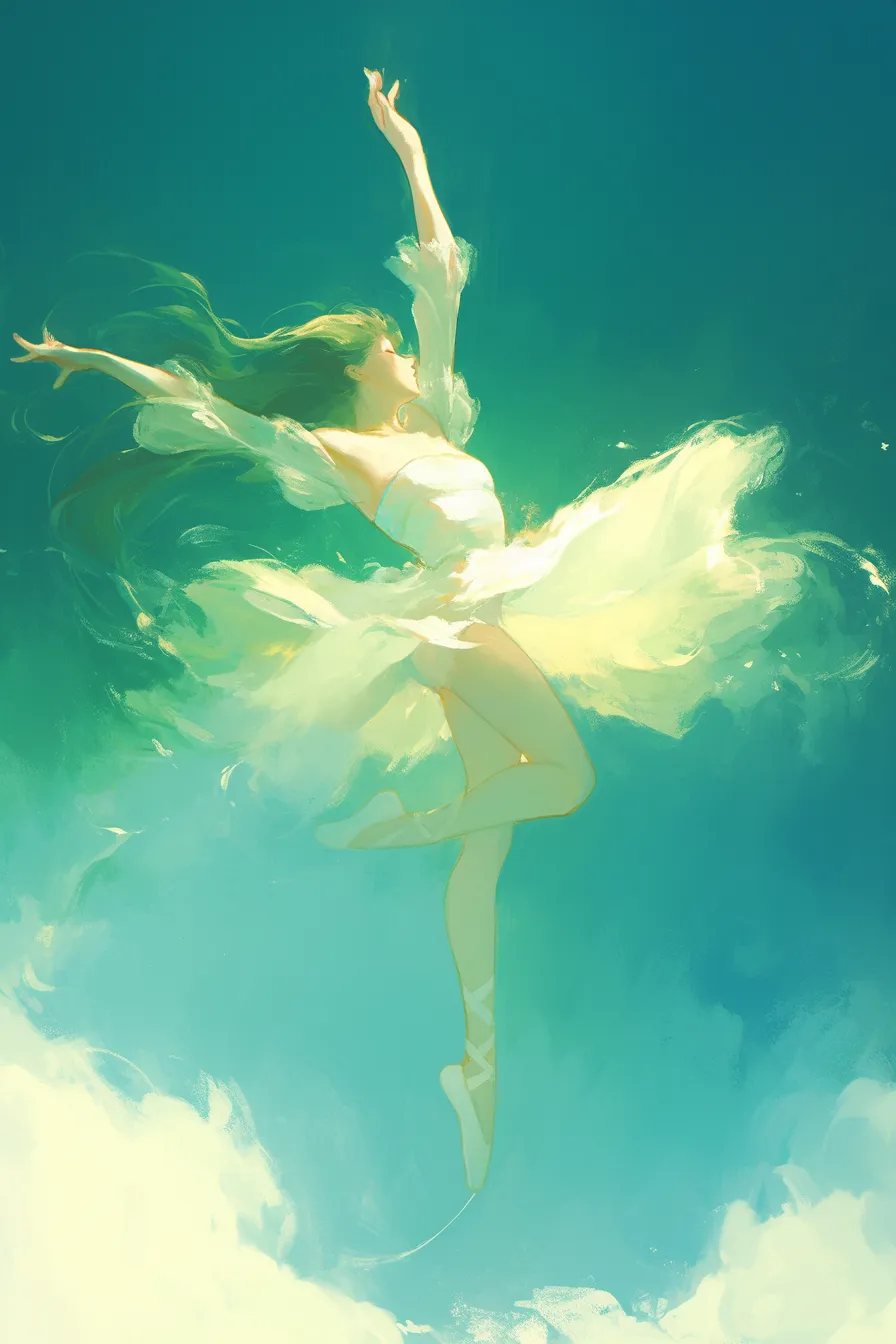 バレエの絵 青空に舞う女性ダンサー｜空に溶け込むように舞い上がるバレリーナを描いたバレエの絵。鮮やかな青と白のコントラストが爽快感を与え、開放的なイメージに活用できます。