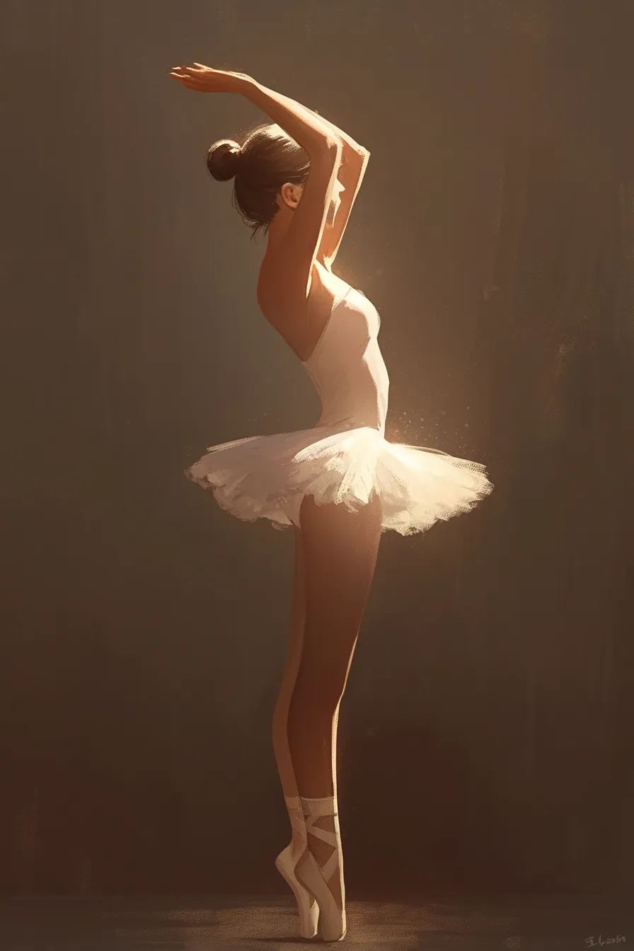 バレエの絵 優雅に立つバレリーナ｜落ち着いた背景の中で美しく立つバレリーナを描いたバレエの絵。静かな光が集中と規律を象徴し、教育や研修の資料に適した表現です。