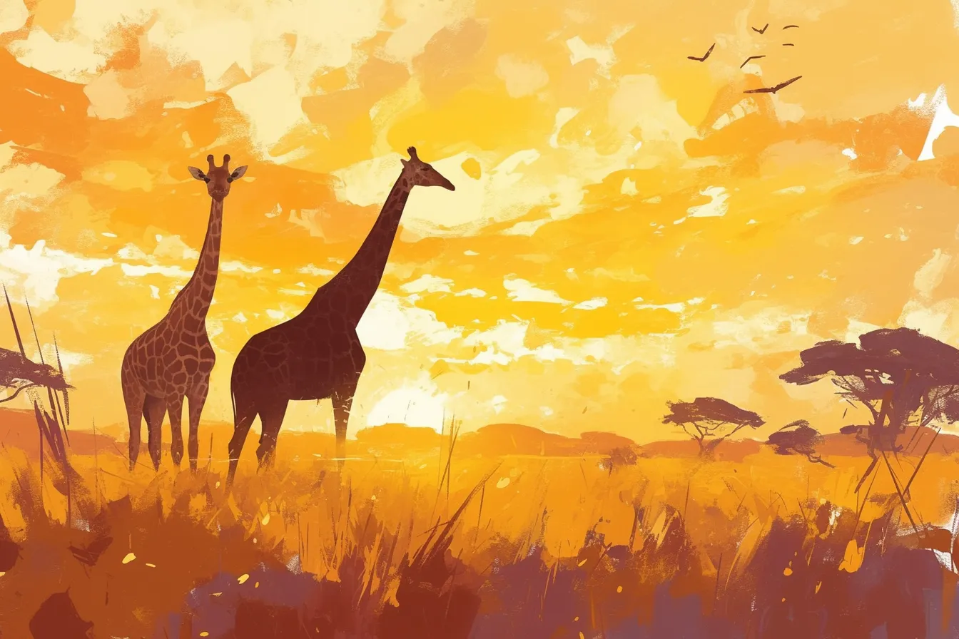 二頭並ぶキリンの絵｜夕陽に照らされる二頭のキリンの絵は、温かみと絆を表現したビジネス写真素材です。家族や仲間をテーマにしたデザインに効果的です。