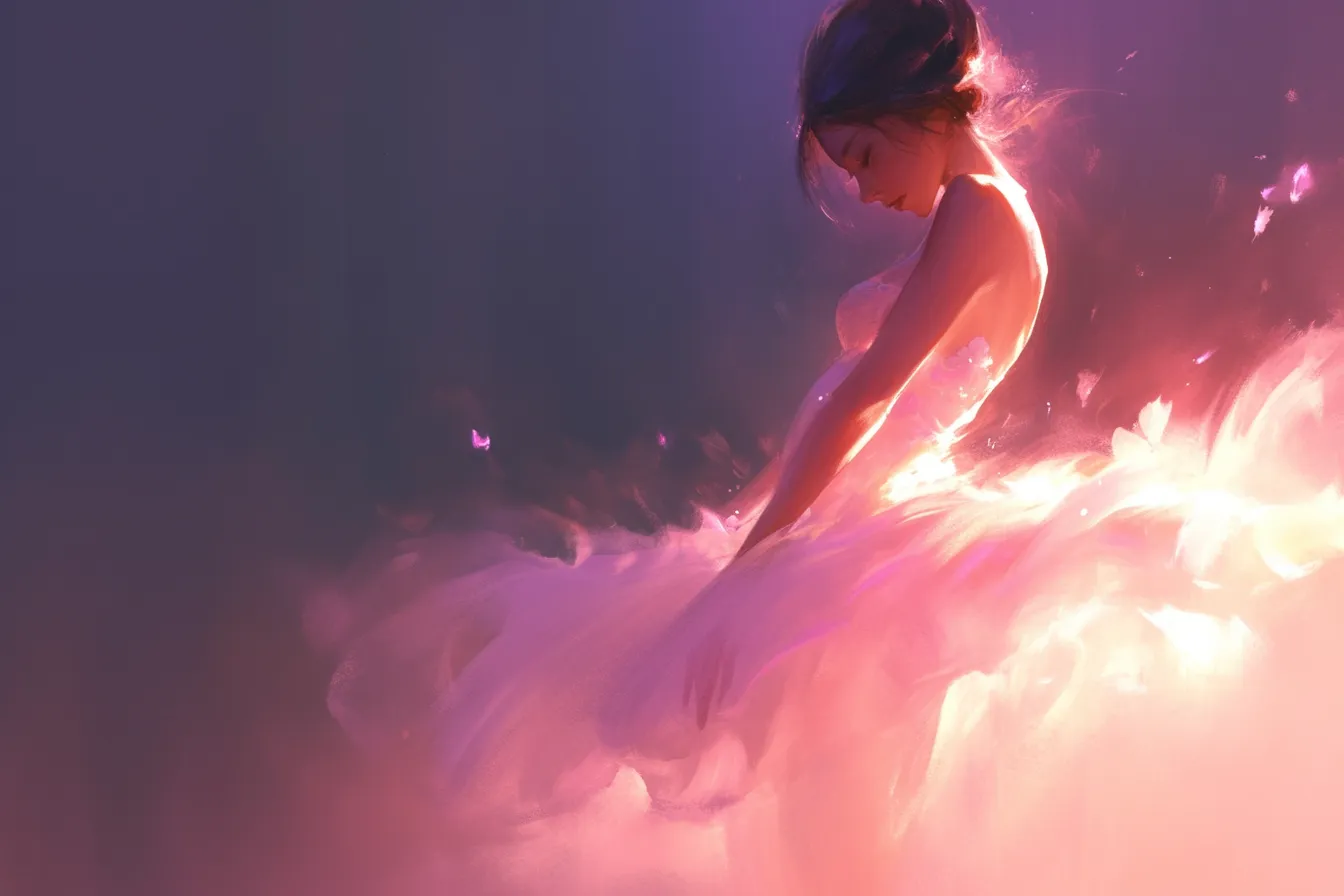 バレエの絵 光彩をまとった踊り子｜幻想的な光に包まれた女性の姿を描いたバレエの絵。華やかな色調と柔らかな筆致が感情を強調し、印象的な広告ビジュアルに適しています。