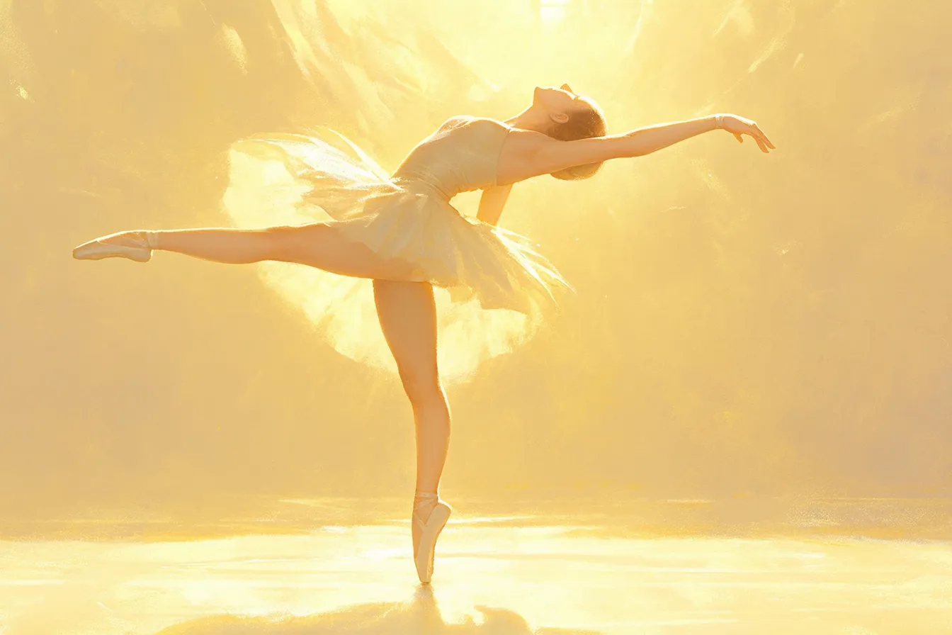 バレエの絵 黄金に輝く女性ダンサー｜まばゆい黄金の光の中で踊る女性を描いたバレエの絵。堂々としたポーズがエレガントな雰囲気を際立たせ、ブランド価値を高める素材に最適です。