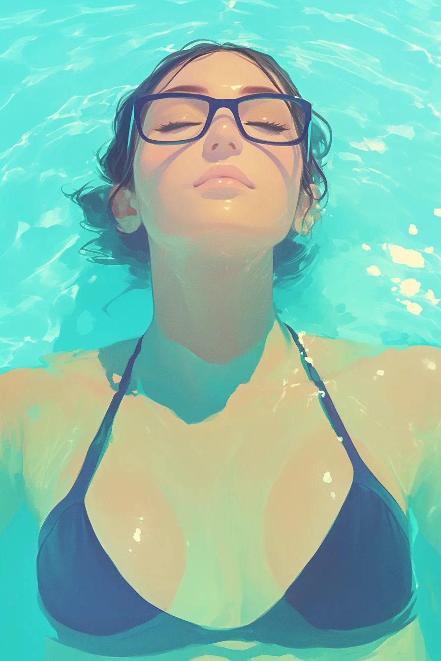 水泳の絵 プールに浮かぶ女性｜鮮やかな水面に浮かぶ女性を描いた水泳の絵。シンプルな構図と清涼感ある色彩が夏のリラクゼーションを表現し、観光や健康関連に最適です。