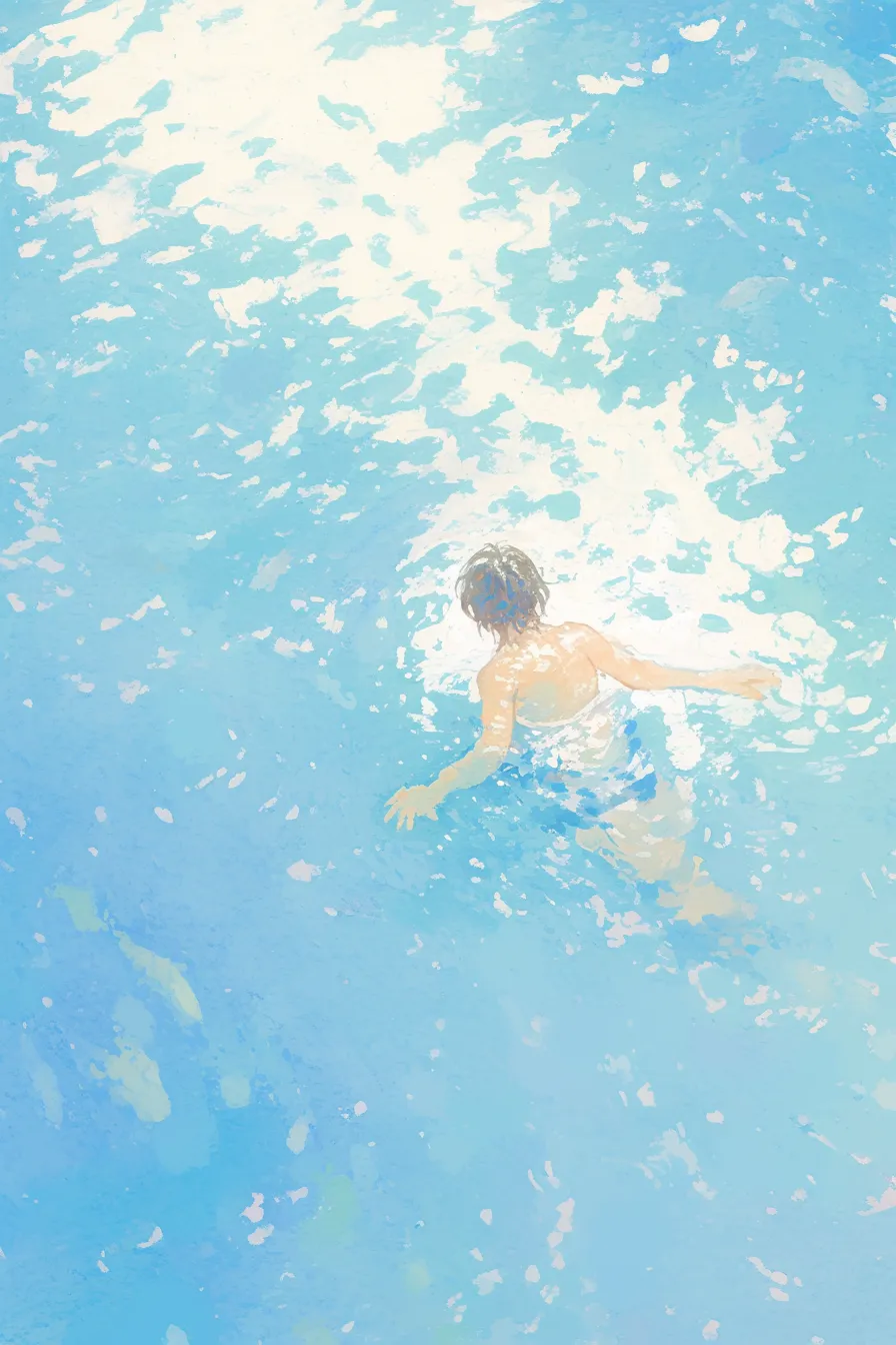 水泳の絵 水面を泳ぐ少年｜柔らかなタッチで少年が泳ぐ姿を描いた水泳の絵。爽やかな筆致と透明感がアクティブな雰囲気を伝え、教育や啓発素材に適しています。