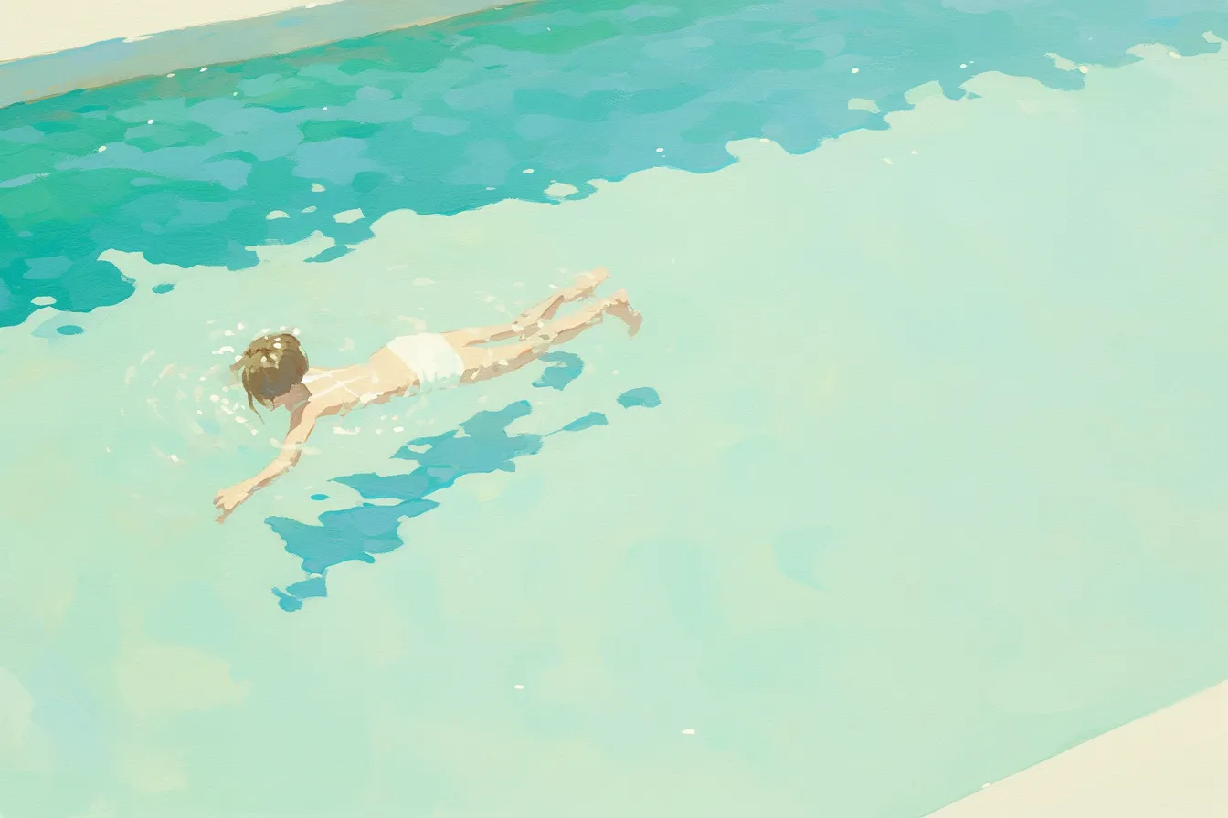 水泳の絵 プールを泳ぐ子供｜柔らかな色彩で子供が水面を泳ぐ様子を描いた水泳の絵。優しいタッチが安心感を与え、学校や学習関連のビジュアルに適した表現です。