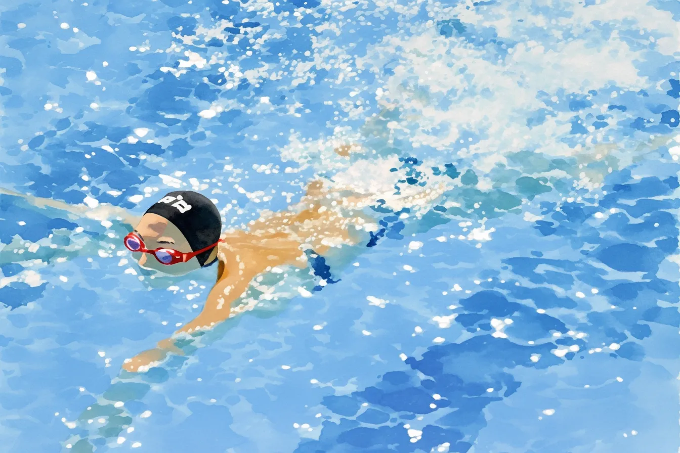 水泳の絵 バタフライ泳法の選手｜水しぶきを上げながら泳ぐ選手を描いた水泳の絵。ダイナミックな構図と明快な色使いが競技の緊張感を伝え、スポーツ資料に適しています。