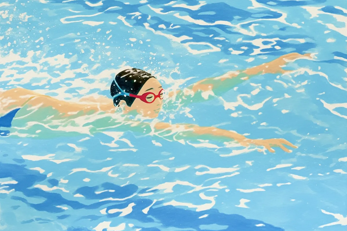 水泳の絵 自由形で泳ぐ選手｜水の勢いを感じさせる自由形の動作を描いた水泳の絵。軽快な筆遣いと鮮やかな水色が、挑戦や達成感を表現するシーンに効果を発揮します。