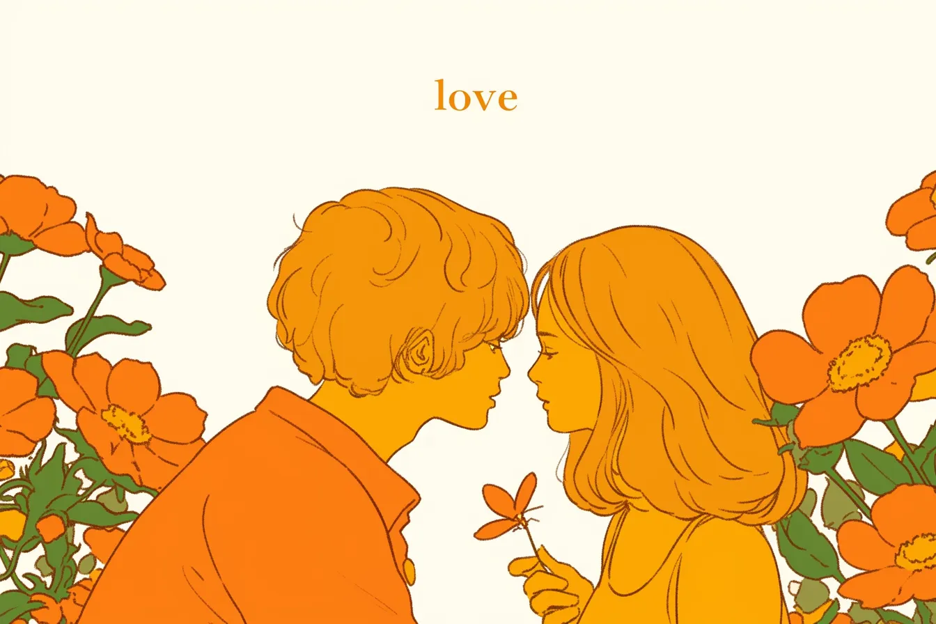 恋人たちと花のバレンタインの絵｜向き合う男女が花に囲まれて描かれたイラスト。オレンジの温かなトーンが愛情を柔らかく表現し、ロマンチックな雰囲気を演出するバレンタインの絵。