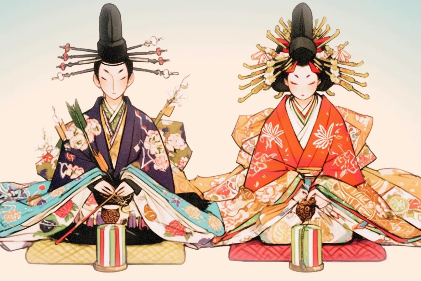 ひな祭りの絵 華やかな衣装の雛人形｜鮮やかな色彩と緻密な文様が印象的なひな祭りの絵。衣装の豪華さが強調され、祝祭感や華やかさを表現できるため、イベントや広告の素材として効果的に活用できる。