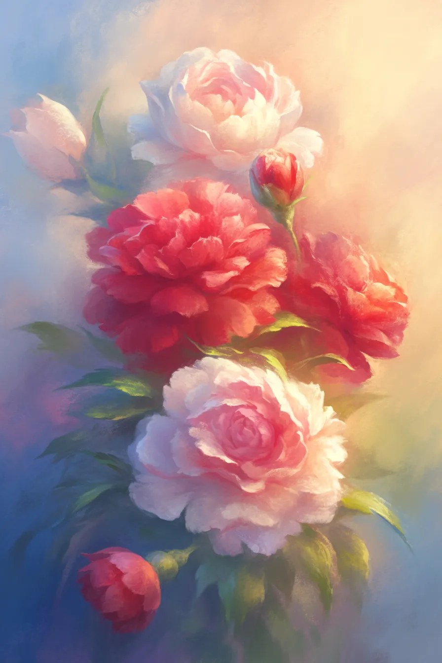 母の日の絵 華やかな芍薬の花｜柔らかい光と豊かな色彩が調和した母の日の絵。温かさと優美さを兼ね備え、感謝や祝福を伝えるビジネス素材としてギフトや広告に活用しやすい。