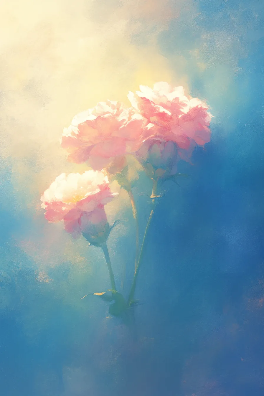 母の日の絵 光に包まれたカーネーション｜幻想的な光を背景に浮かぶ花々が印象的な母の日の絵。ロマンチックで詩的な雰囲気を醸し出し、ギフト関連の高級感ある広告に活かせる。
