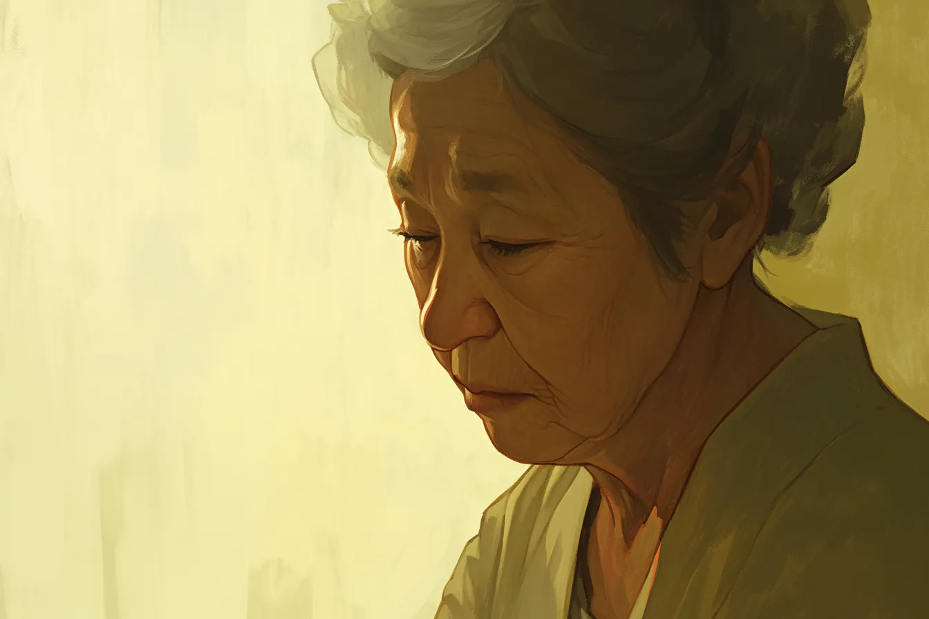 母の日の絵 想いにふける高齢女性｜陰影を生かした落ち着いた色調が特徴の母の日の絵。深い表情から人生の重みが伝わり、介護や家族をテーマにしたビジネス素材として効果的。