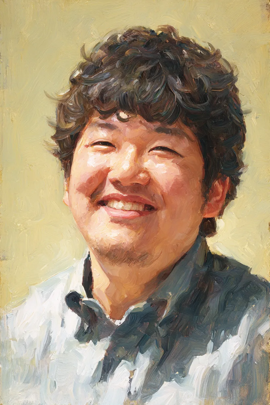 父の日の絵 笑顔の男性ポートレート｜油彩風の厚塗りが力強さを表現した父の日の絵。朗らかな笑顔が印象的で、ギフトキャンペーンや父親への感謝を伝える販促に活用しやすい。