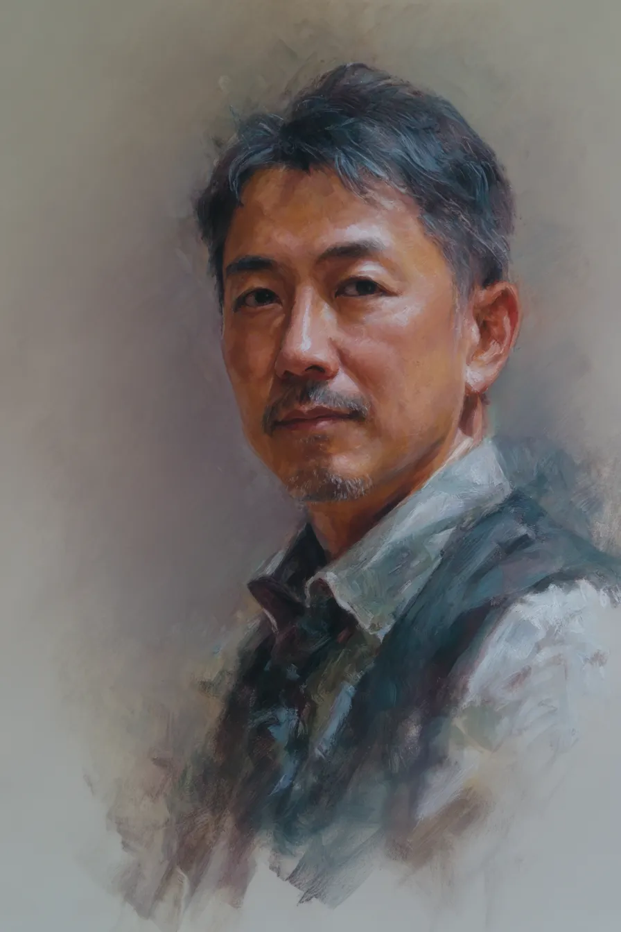 父の日の絵 落ち着いた中年男性｜重厚な筆致と落ち着いた色彩で描かれた父の日の絵。真剣な眼差しが信頼感を強調し、金融や保険などビジネス分野の広告に適している。