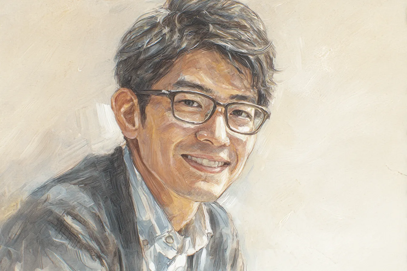 父の日の絵 眼鏡の男性の肖像｜柔らかな光と写実的な筆遣いで描かれた父の日の絵。知的で誠実な印象を与え、教育や企業向けのプロモーション素材として活用可能。
