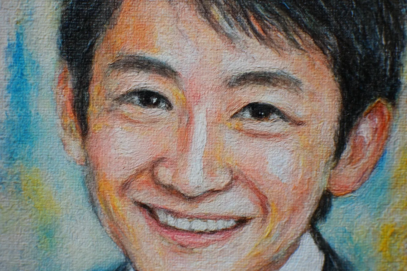 父の日の絵 笑顔のアップ肖像｜顔の表情を大きく切り取った構図が特徴的な父の日の絵。鮮やかな色彩が躍動感を伝え、ポスターやチラシで感謝を表現する素材に向いている。