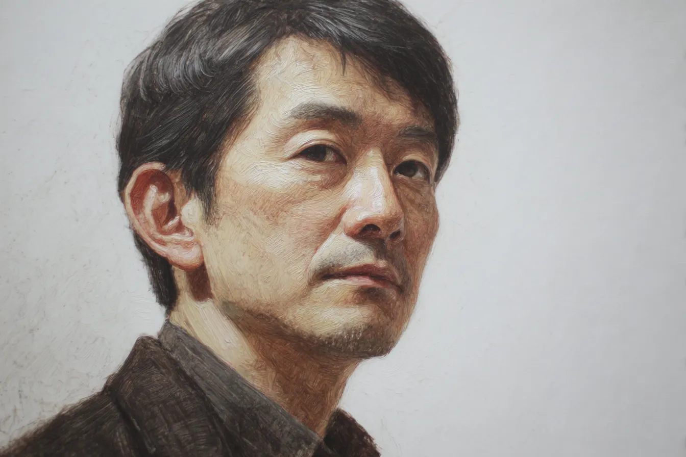 父の日の絵 真剣な眼差しの男性｜リアルな筆致で力強く描かれた父の日の絵。落ち着きと威厳を兼ね備え、ブランド広告や記念日キャンペーンに高級感を添える素材。