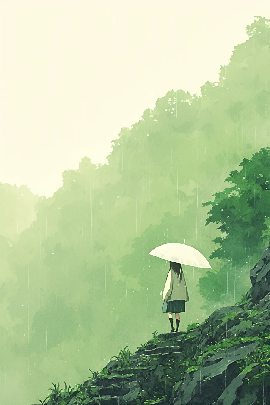 梅雨の絵 山道に立つ傘の少女｜淡い色彩と柔らかな雨の描写が印象的な梅雨の絵。静寂感と詩的な雰囲気が漂い、広告や書籍の挿絵素材として活用しやすい。