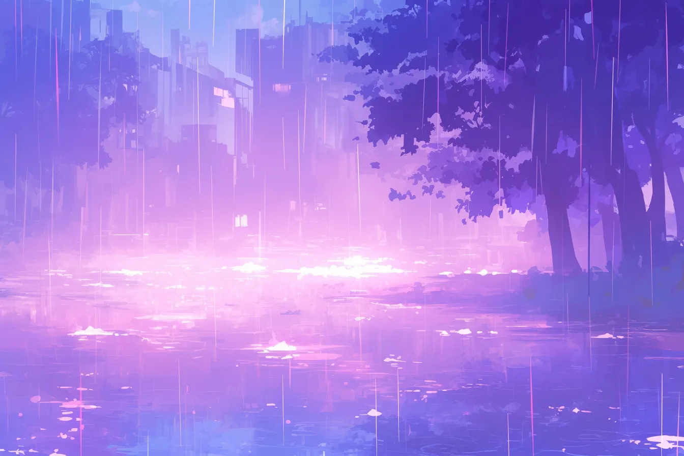梅雨の絵 雨に濡れる都市風景｜紫と青の鮮やかな色調で表現された梅雨の絵。幻想的で現代的な雰囲気があり、デザイン性を重視した広告や販促に適している。