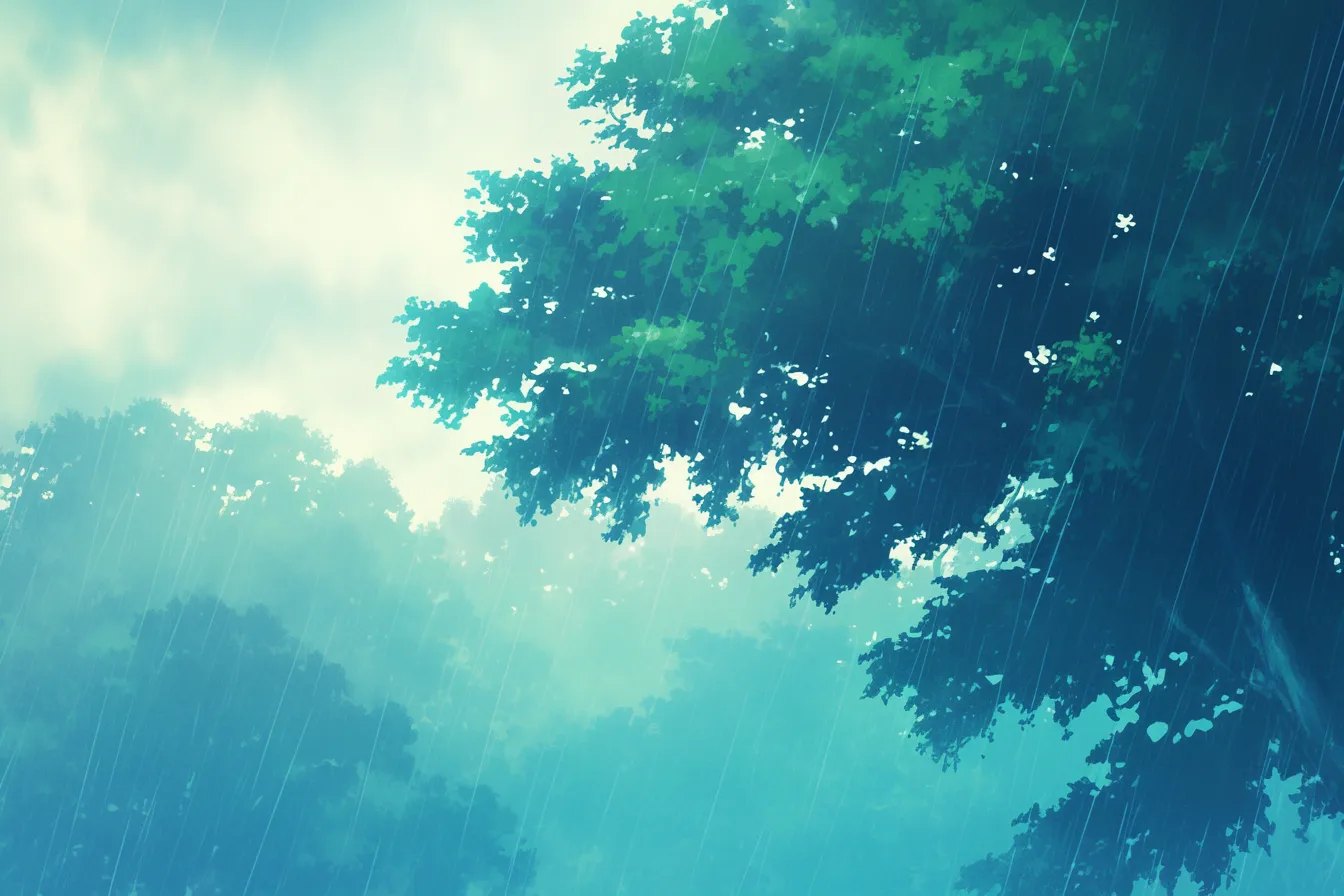 梅雨の絵 森に降り注ぐ雨｜自然を柔らかく描き出す筆致が特徴的な梅雨の絵。爽やかで清涼感ある表現がエコや自然関連のビジネス素材に活かせる。