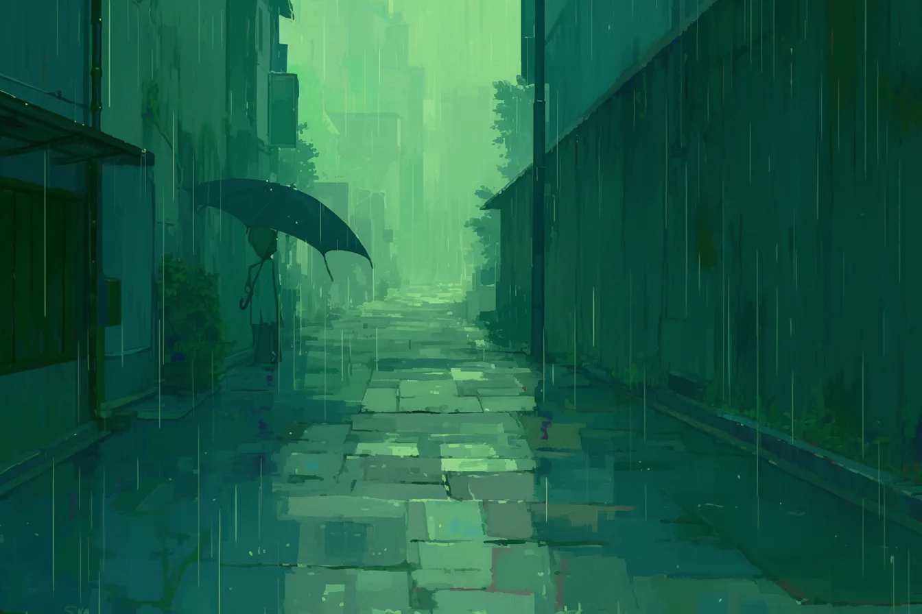 梅雨の絵 雨の路地裏の風景｜静まり返った街並みに雨が映える梅雨の絵。落ち着いた緑の色合いがしっとりとした雰囲気を演出し、旅行や地域紹介素材に向いている。